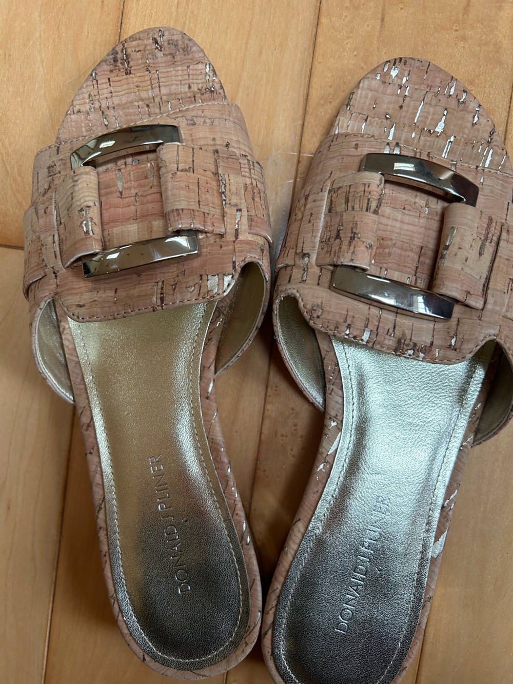 Donald J. Pliner Cork Slide Sandals with Metallic Buckle - Natural